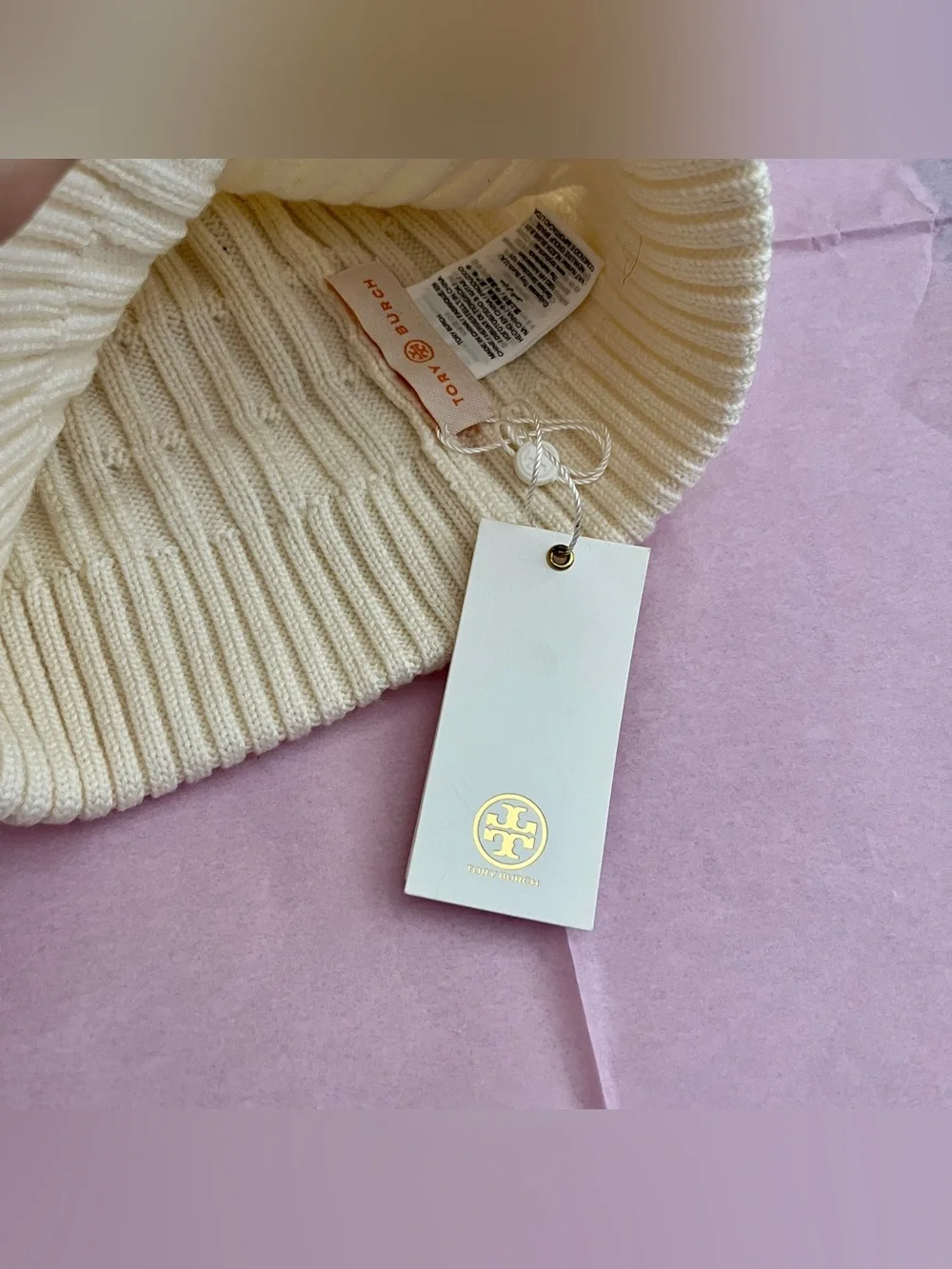 Tory Burch Cream Cable-Knit Beanie with Brown Faux-Fur Pom